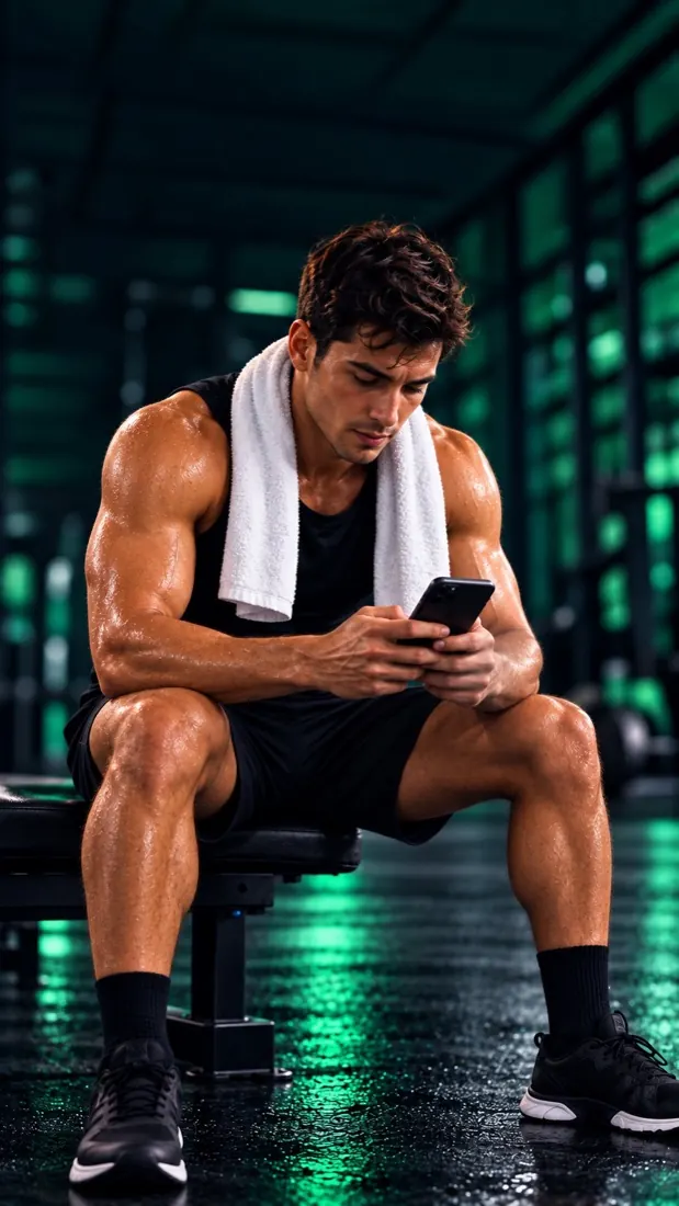 An athlete checking the FitCash app on a gym bench after a workout