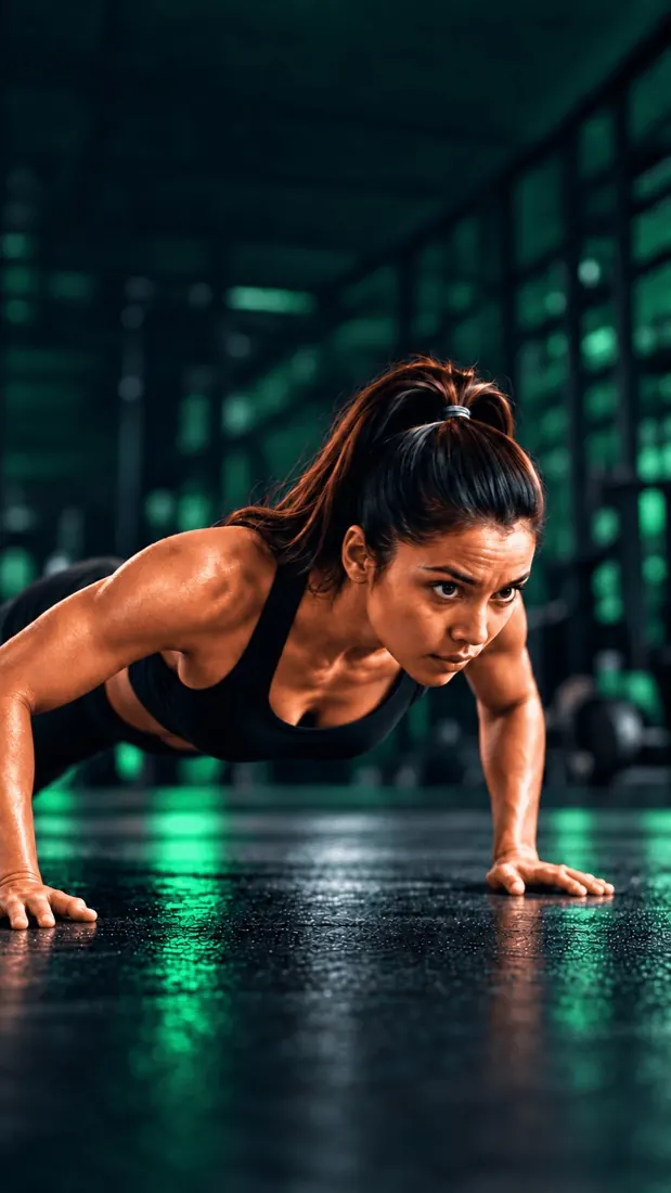 An athlete mid push-up with FitCash's pose tracking drawn over her joints